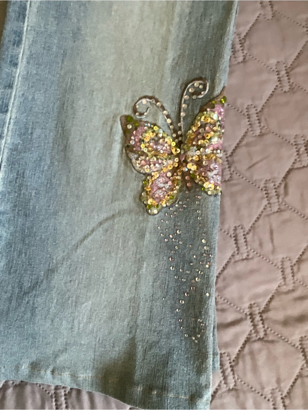 Angels Light Blue Boot Cut Jeans with Pink & Yellow Embroidered Butterfly - Picture 4 of 10